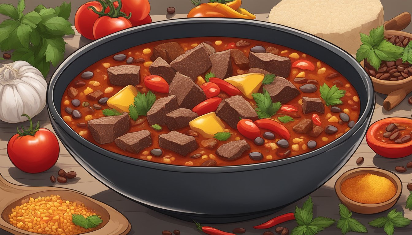 A steaming bowl of Texas red chili with chunks of beef, tomatoes, and beans, surrounded by colorful spices and herbs