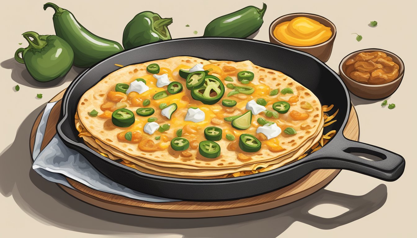 A sizzling skillet with a golden-brown quesadilla, oozing with melted cheese and filled with customizable ingredients like grilled chicken, sautéed onions, and fresh jalapeños