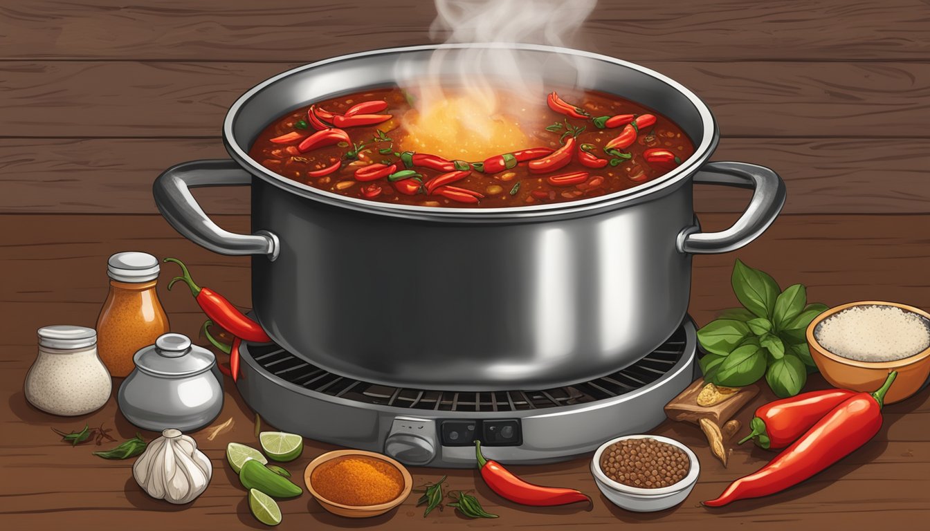 A steaming pot of Texas red chili simmering over an open flame, surrounded by an array of spices and fresh ingredients on a rustic kitchen counter