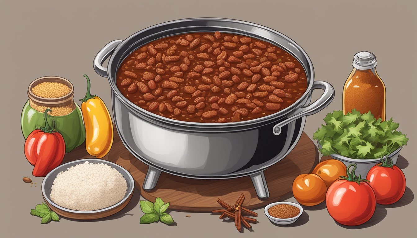 A steaming pot of Texas-style chili con carne surrounded by ingredients like ground beef, onions, tomatoes, chili peppers, and spices