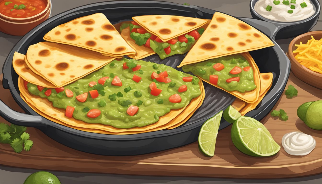 A sizzling skillet filled with perfectly golden-brown quesadillas, with steam rising and melted cheese oozing out. Sides of salsa and guacamole complete the picture