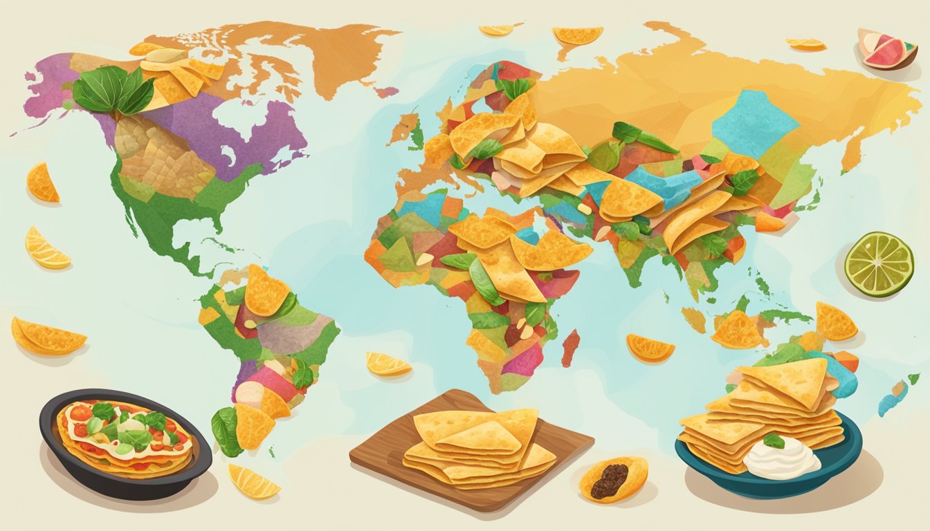 A colorful array of quesadillas from around the world, including unique fillings and toppings, displayed on a global map