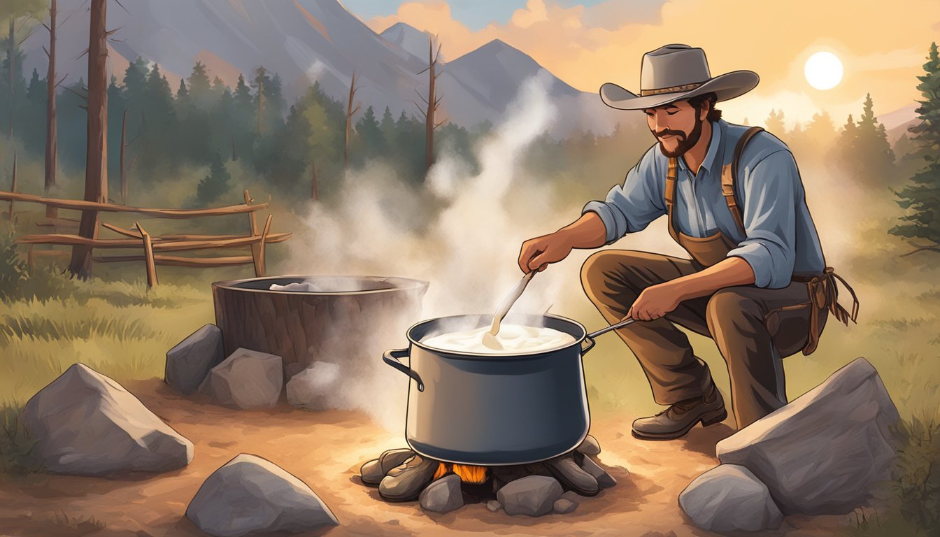 A cowboy stirring a pot of simmering milk and flour mixture over a campfire, creating the traditional Texas Southern white gravy