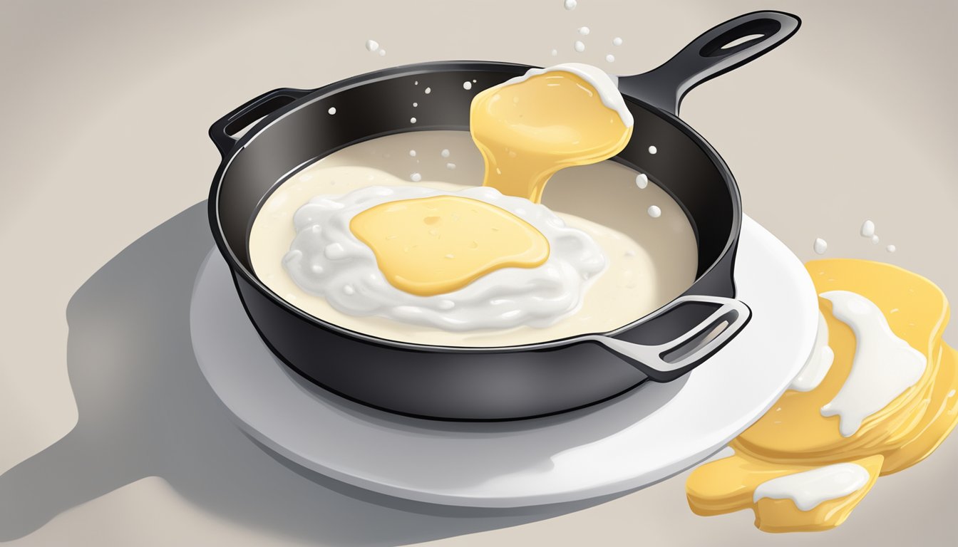 A skillet with sizzling butter, flour, and milk blending into a creamy white gravy