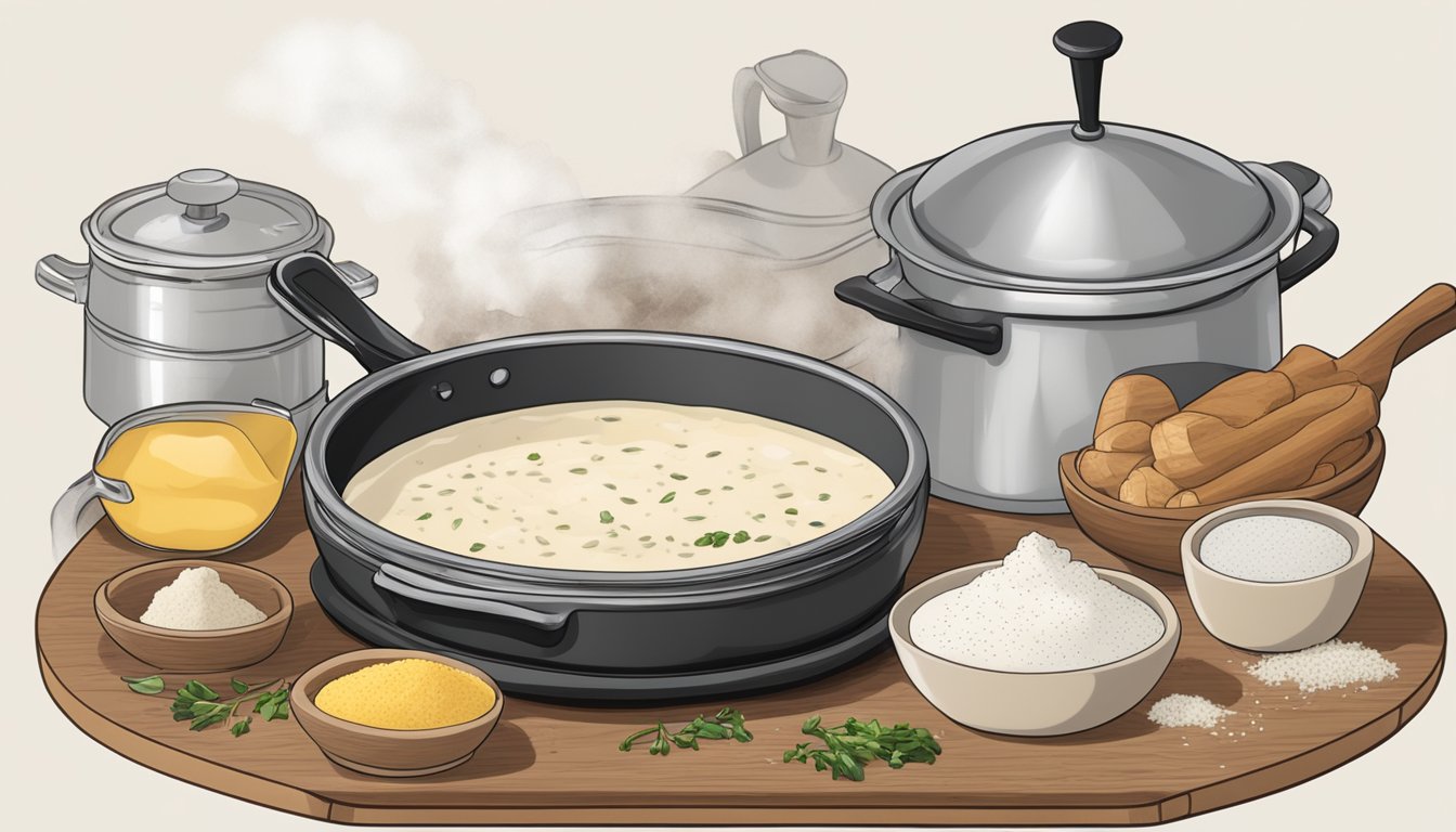 A steaming pot of Texas southern white gravy simmers on a stovetop, surrounded by scattered ingredients like flour, butter, and black pepper