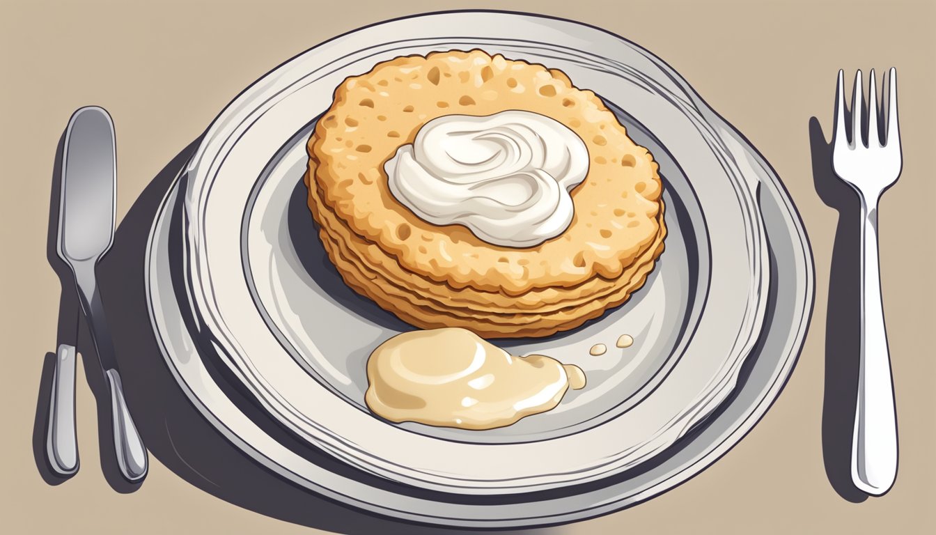 A plate with a biscuit split in half, topped with a generous serving of creamy white gravy. A small dish of gravy on the side