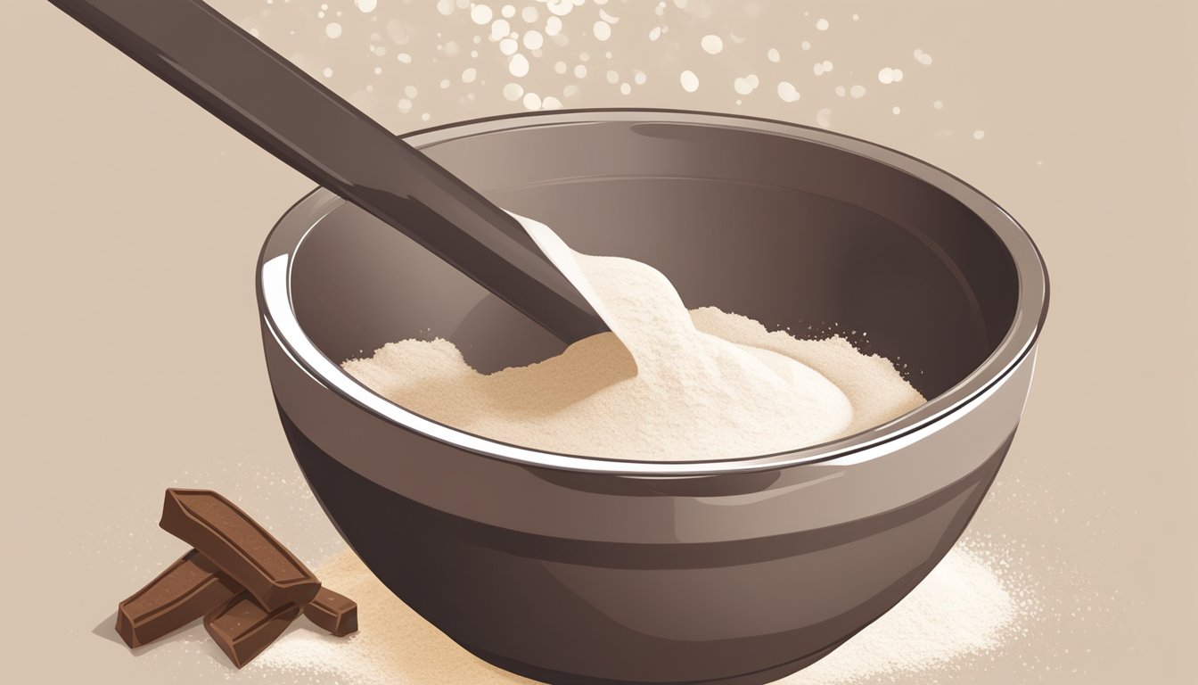 A mixing bowl filled with flour, sugar, and cocoa powder. A measuring cup pouring buttermilk into the bowl