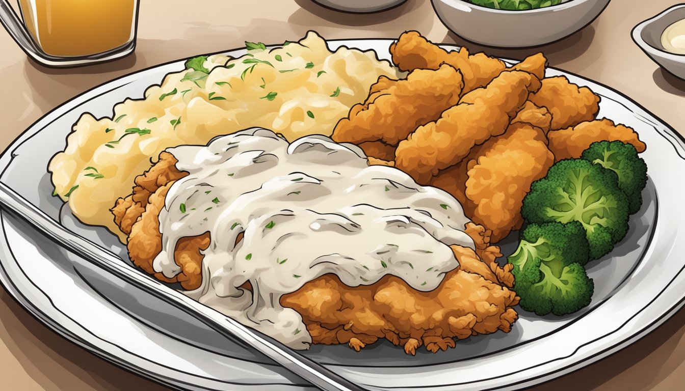 A plate of fried chicken smothered in creamy white gravy, accompanied by mashed potatoes and steamed vegetables on the side