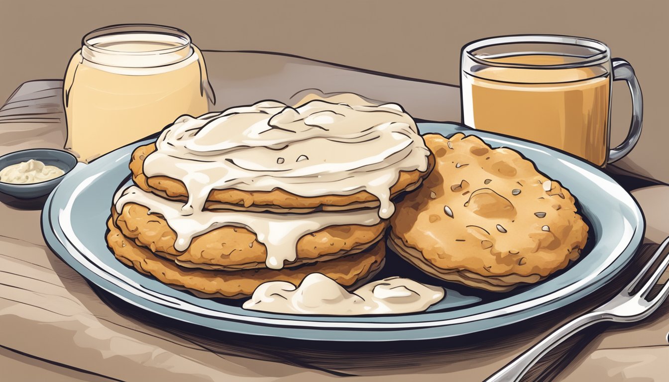 A plate of biscuits smothered in creamy white gravy, with a bowl of leftover gravy on the side