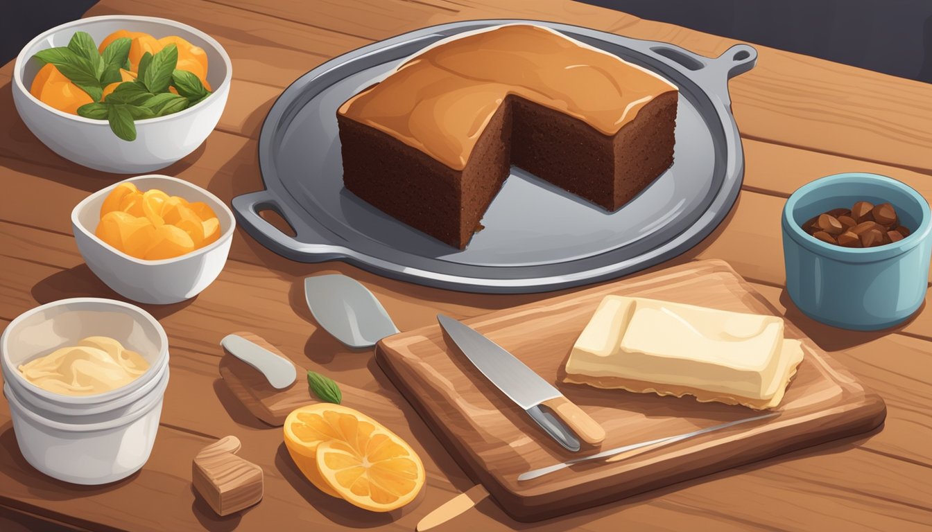 A kitchen counter with a freshly baked Texas sheet cake on a wooden cutting board, surrounded by ingredients and utensils for preservation and storage