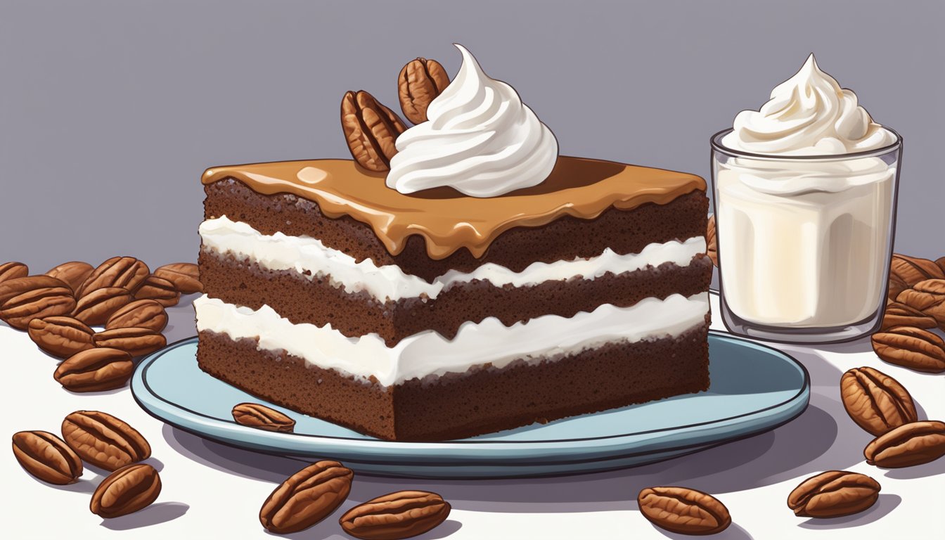 A slice of Texas sheet cake surrounded by scattered pecans and a dollop of whipped cream