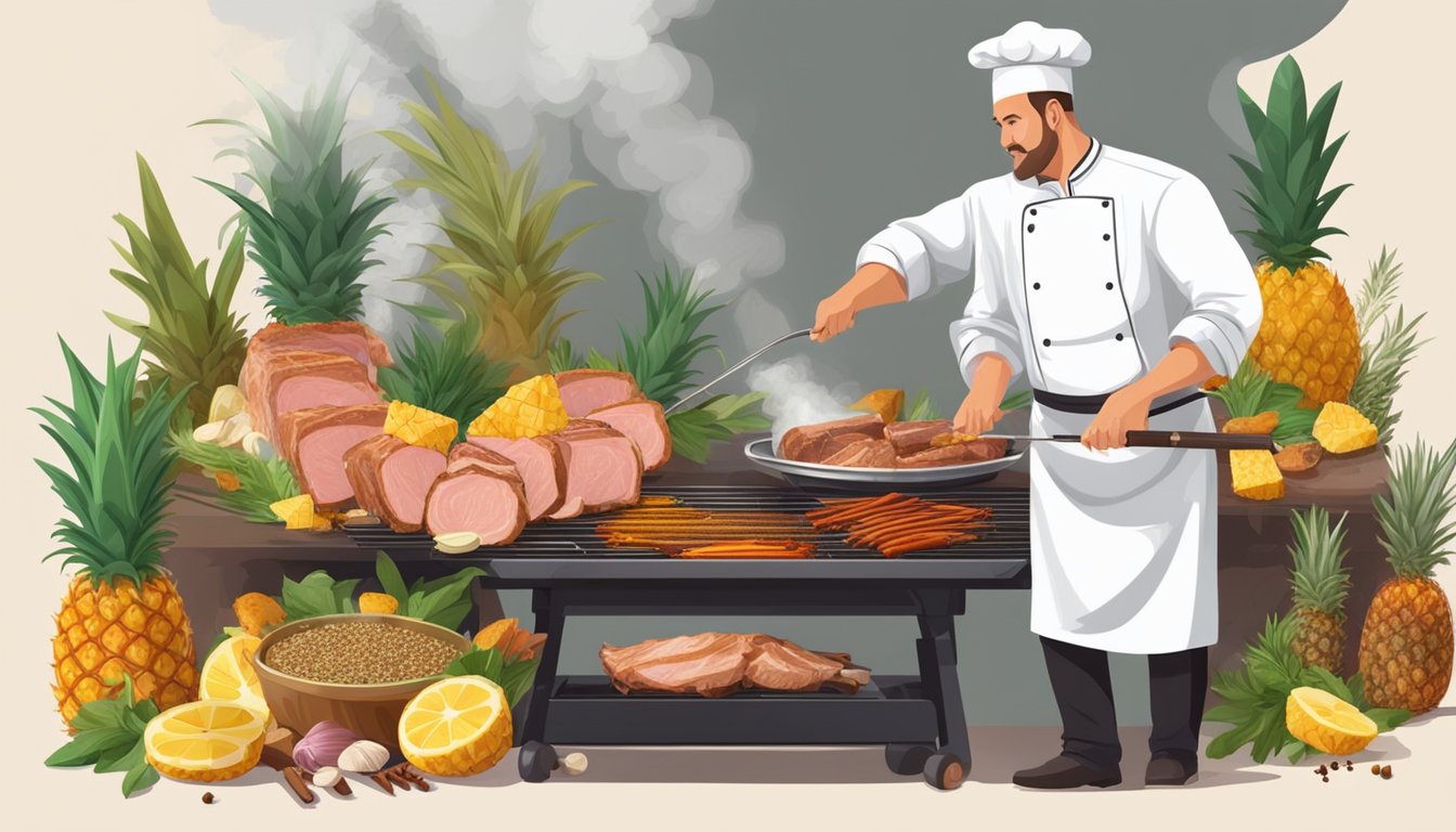 A chef grills marinated pork on a vertical spit, surrounded by pineapple slices and various traditional spices and ingredients