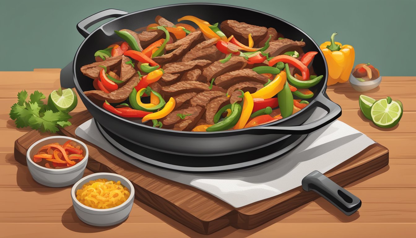 A sizzling skillet of Texas-style fajitas, with colorful peppers and onions, and seasoned strips of tender, juicy meat