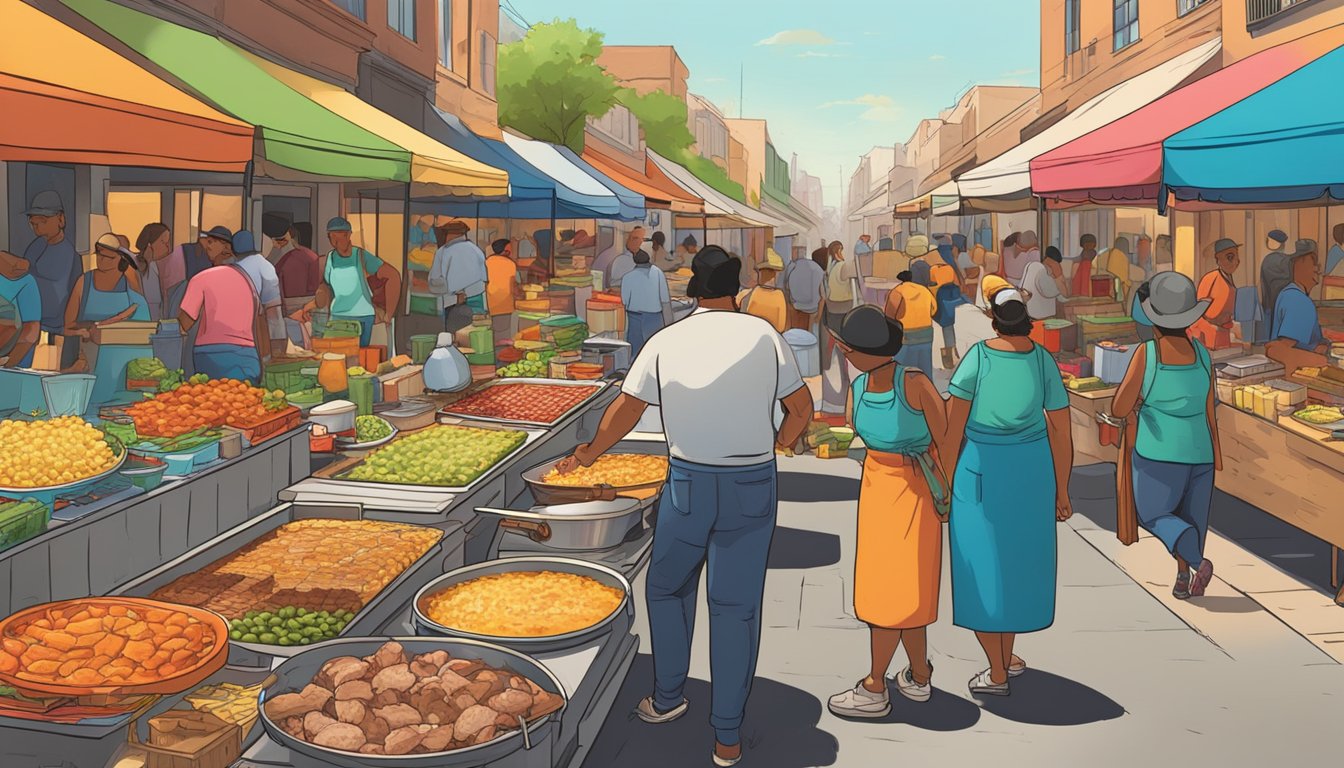 A bustling street market in Texas, with vendors grilling marinated pork on spits, surrounded by colorful stalls selling fresh tortillas and vibrant salsas