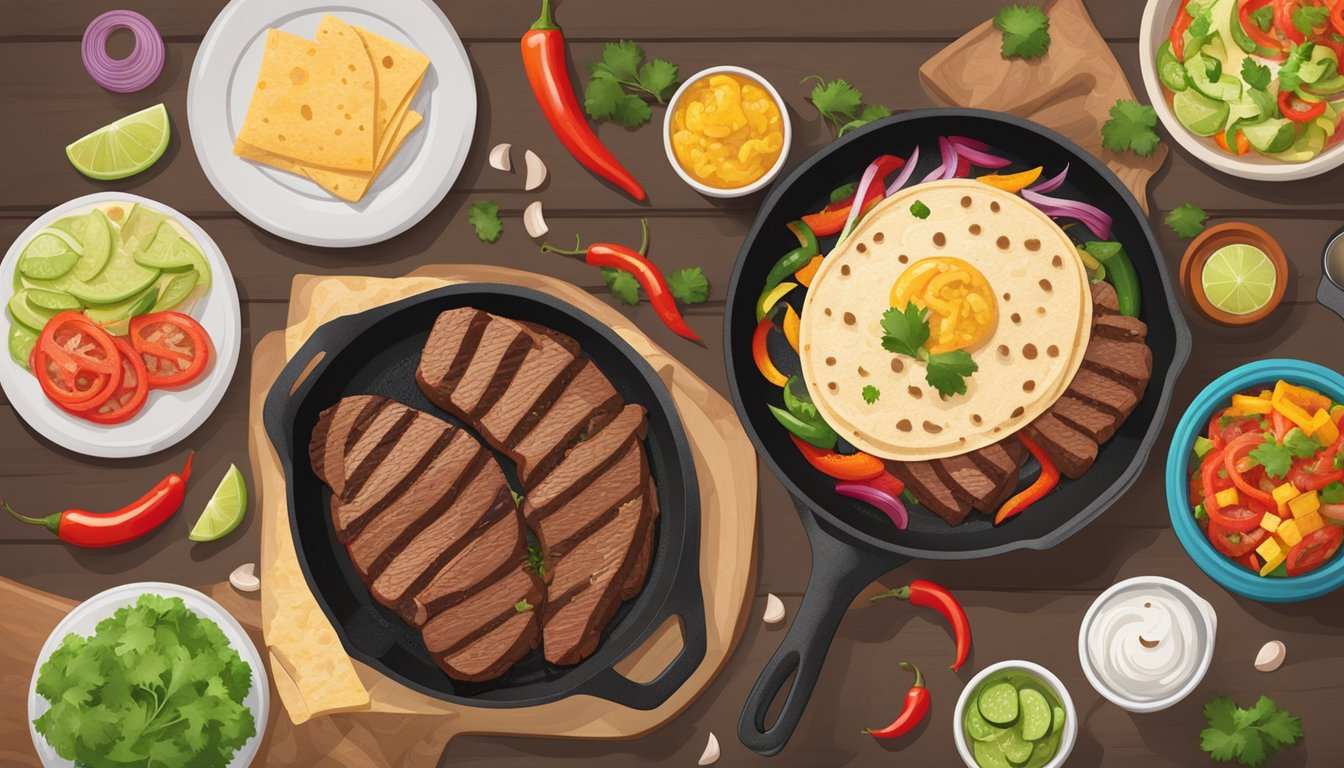 A sizzling skillet of grilled steak, onions, and peppers with a side of warm tortillas and a variety of colorful toppings