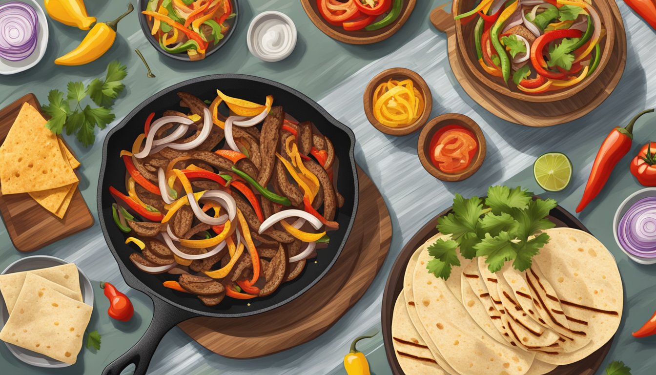 A sizzling skillet of fajitas with grilled onions, peppers, and tortillas on the side