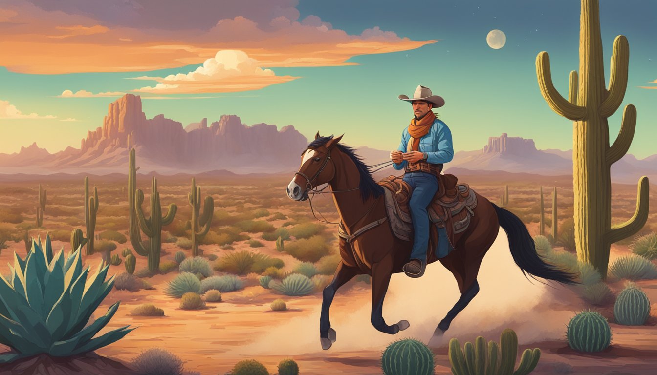 A Texan cowboy riding a horse, surrounded by cacti and desert landscape, enjoying a hearty Texas-style burrito by a campfire