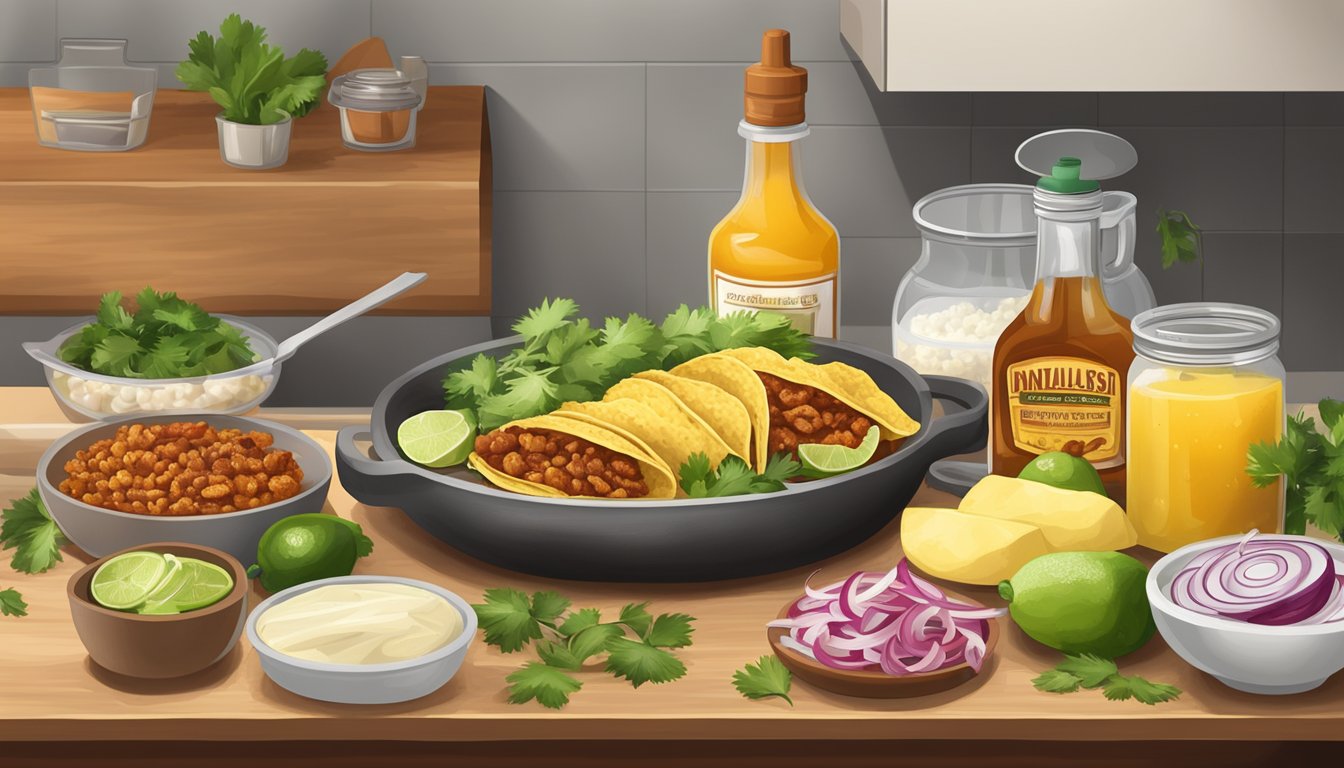 A kitchen counter with ingredients and utensils to make Tacos Al Pastor, including marinated pork, pineapple, onions, cilantro, and tortillas