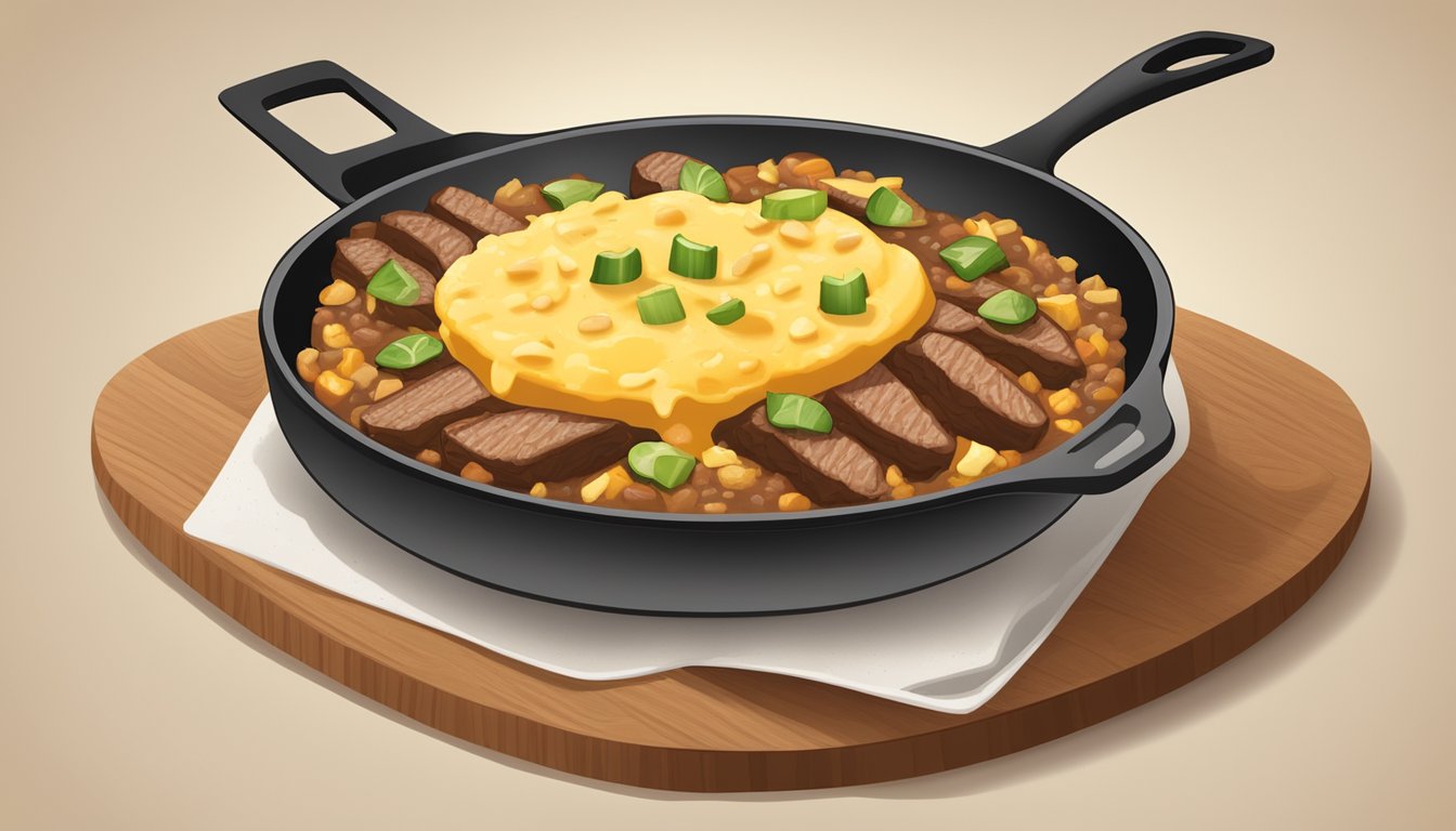 A sizzling skillet filled with grilled steak, spicy pinto beans, fluffy scrambled eggs, and gooey melted cheese, all wrapped in a warm flour tortilla