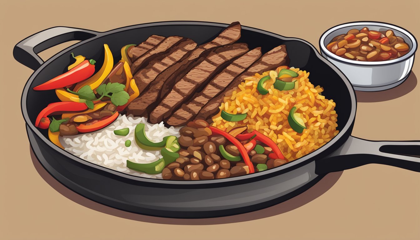 A sizzling skillet of Texas-style fajitas with grilled steak, onions, and bell peppers, accompanied by a side of rice and beans