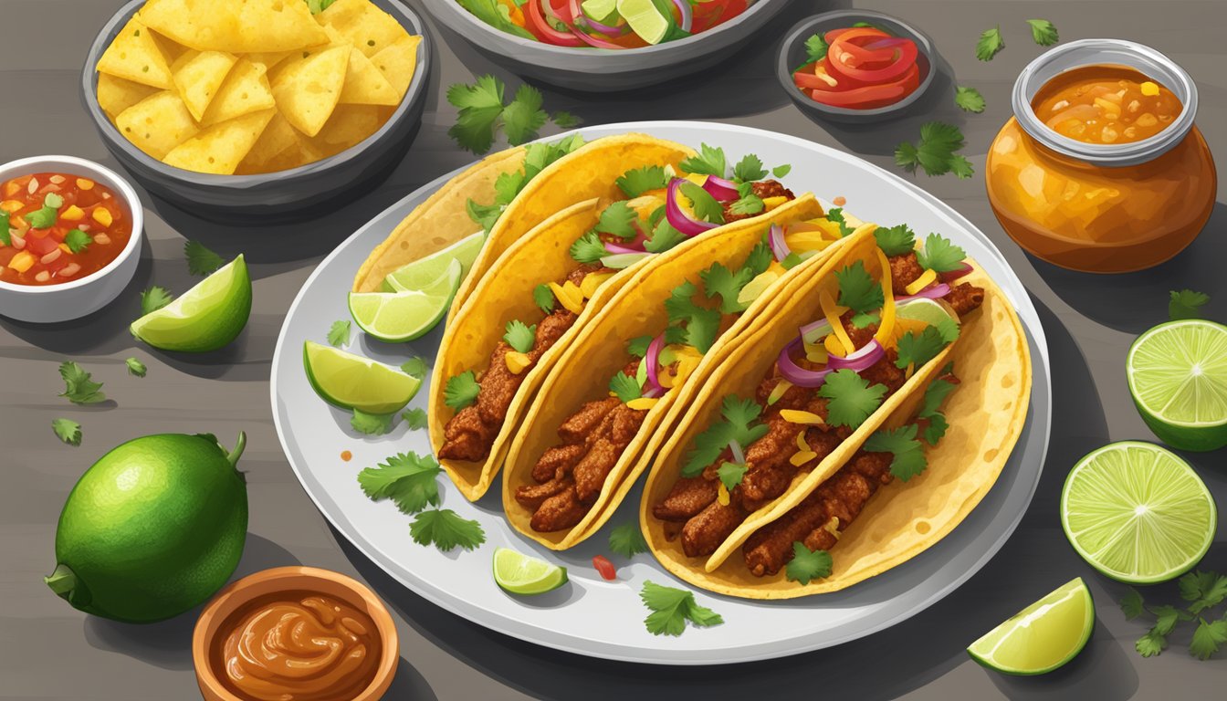 A plate of Texas tacos al pastor with a side of salsa and lime, surrounded by colorful ingredients like pineapple, cilantro, and onions