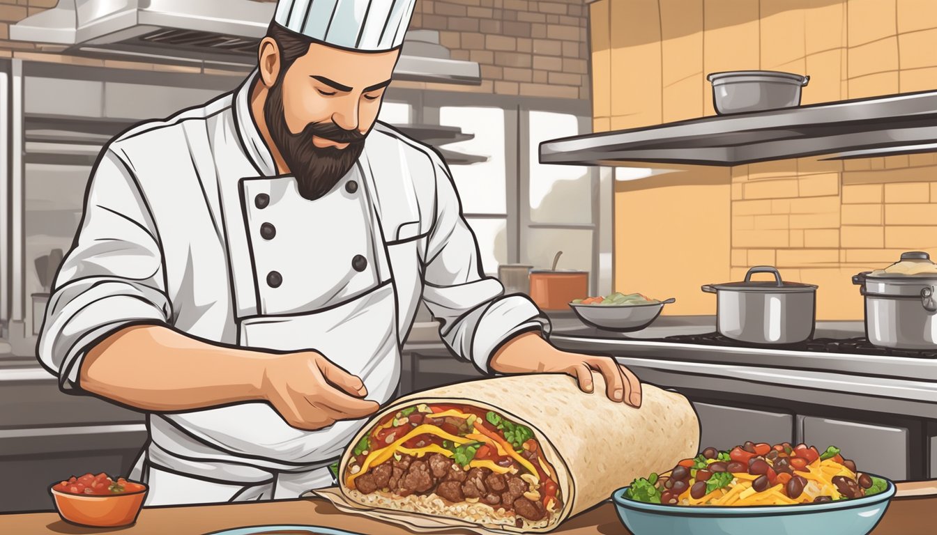 A chef assembling a Texas style burrito with rice, beans, meat, cheese, and salsa on a large flour tortilla