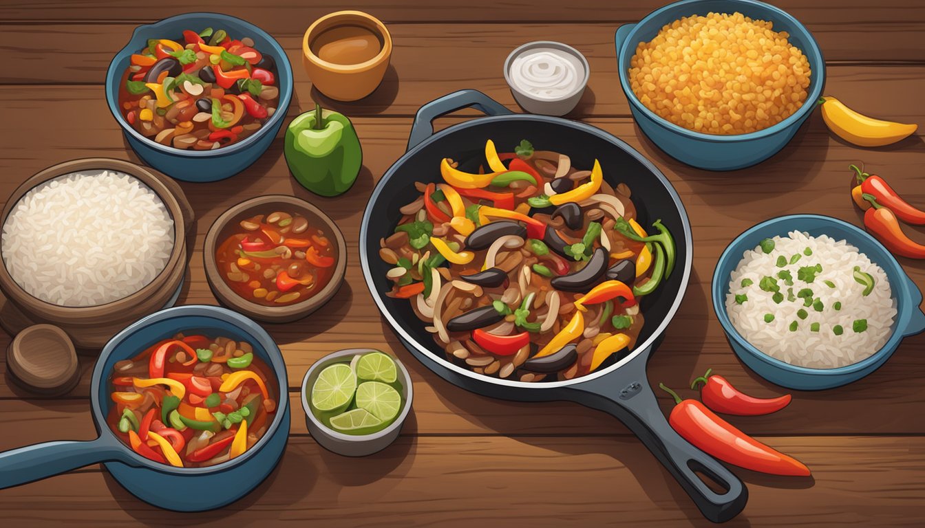 A sizzling skillet of fajitas with colorful peppers and onions, alongside containers of rice, beans, and salsa on a rustic wooden table