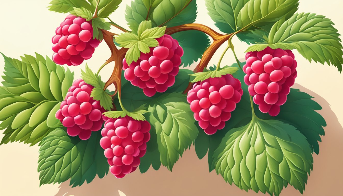 A vibrant red raspberry bush with ripe fruit, bathed in sunlight