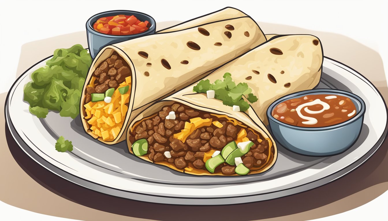 A Texas-style burrito surrounded by ingredients like beef, beans, rice, cheese, and salsa. The burrito is placed on a plate with a side of guacamole and sour cream