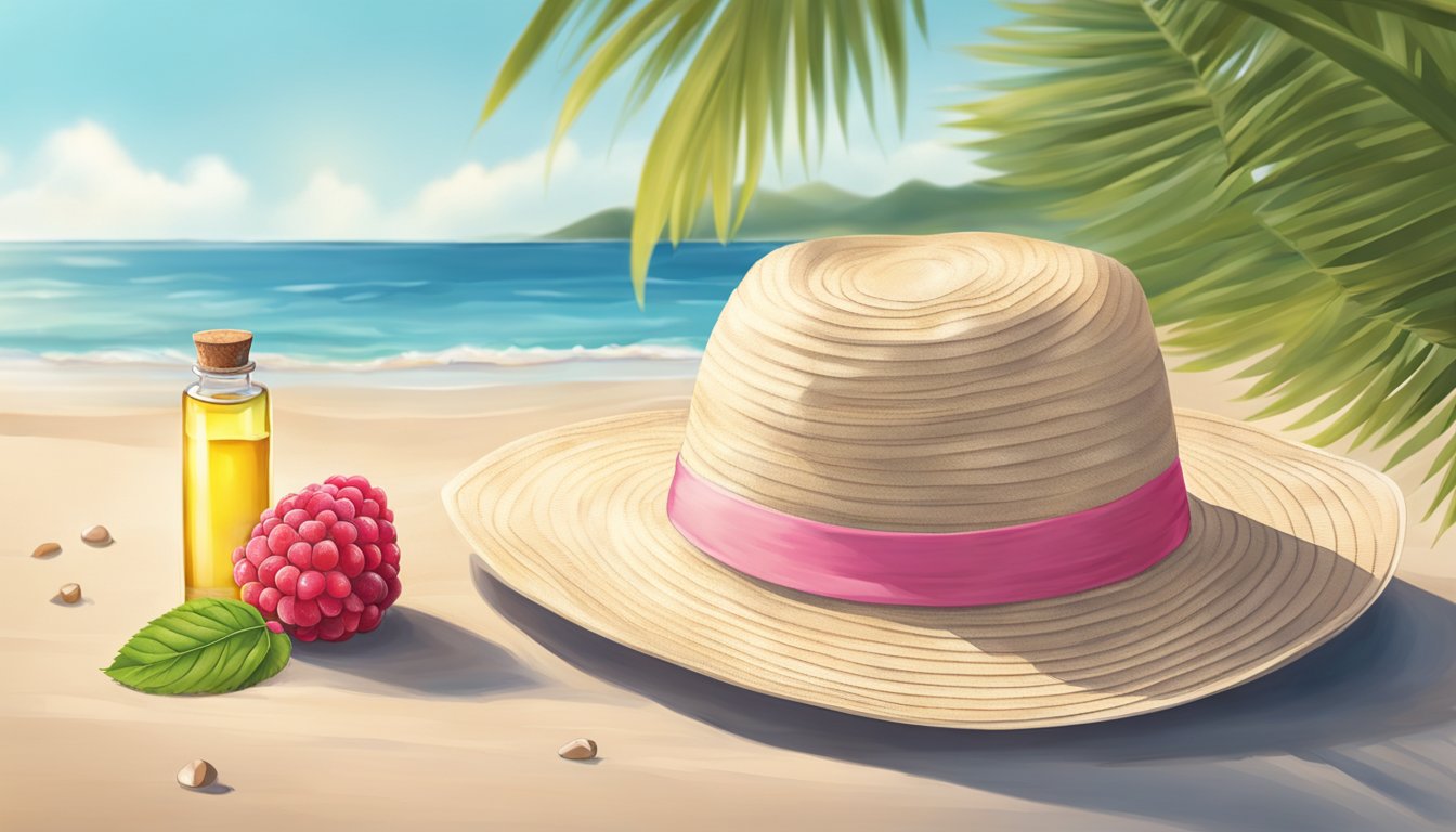 A sunny beach with a bottle of sweet essentials raspberry seed oil and a sun hat