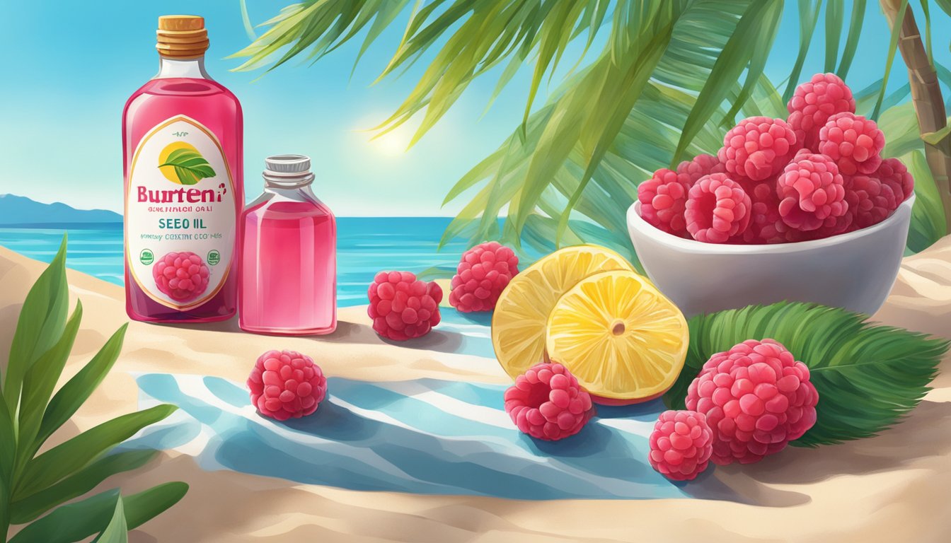 A sunny beach with a bottle of Burten Franks Raspberry Seed Oil, surrounded by tropical plants and a clear blue sky