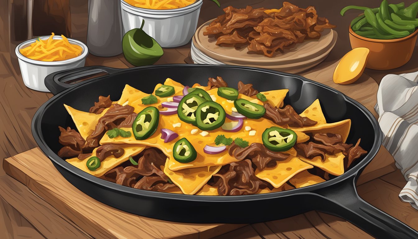 A rustic Texan kitchen with a skillet of loaded nachos, topped with melted cheese, jalapeños, and savory barbecue pulled pork