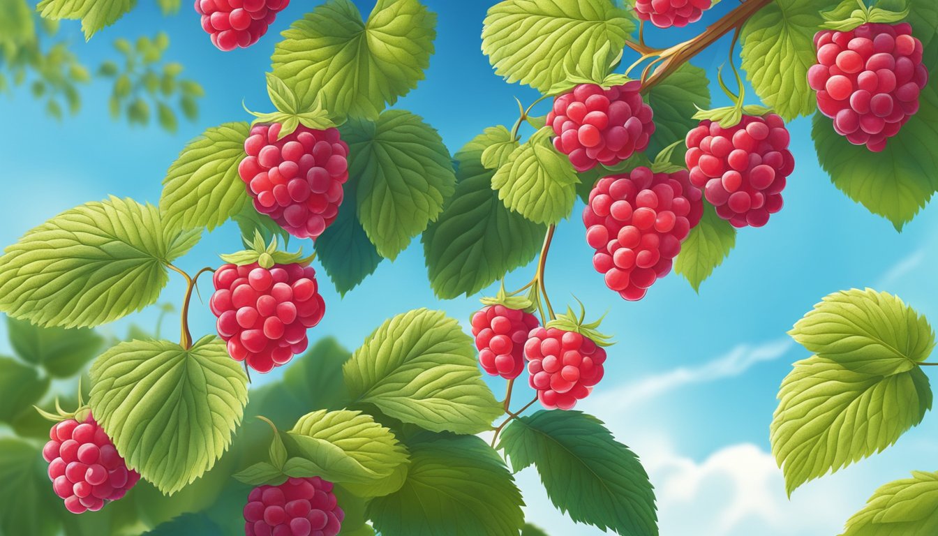 A vibrant red raspberry bush with ripe berries, surrounded by a clear blue sky and bright sunshine