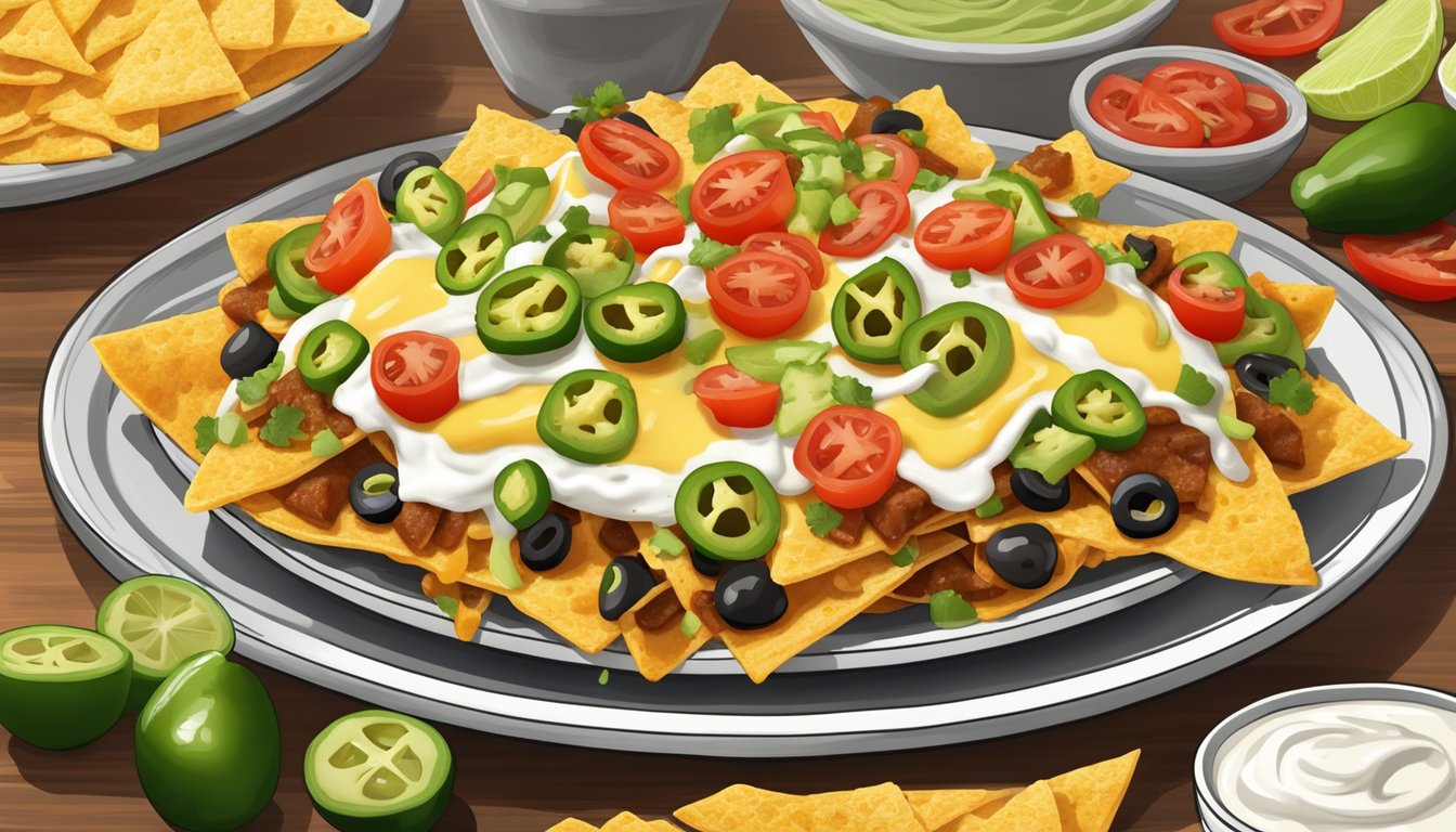 A plate of loaded Texas-style nachos with melted cheese, jalapenos, sour cream, and guacamole, topped with diced tomatoes and green onions