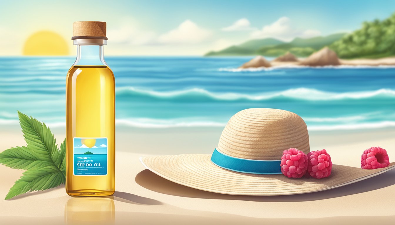 A sunny beach with a bottle of Bos Essentials Raspberry Seed Oil and a sun hat, with clear blue skies and calm ocean waves in the background