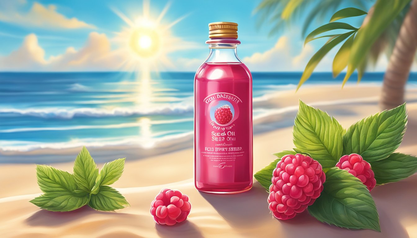 A bottle of cold pressed red raspberry seed oil sits on a sunny beach with clear blue skies and a vibrant sun overhead