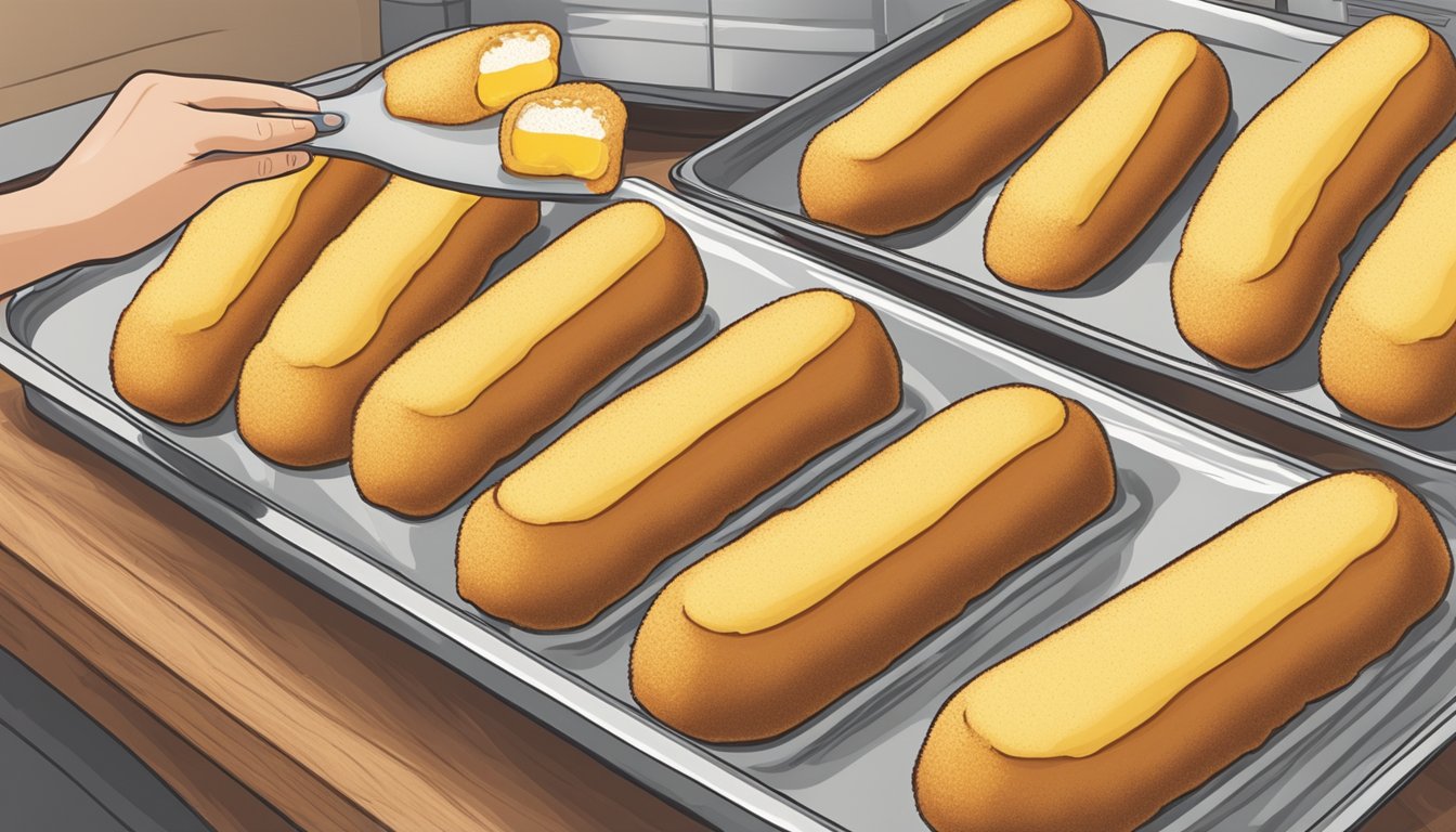 A hand placing Texas Twinkies on a baking sheet, then placing them in the oven to reheat