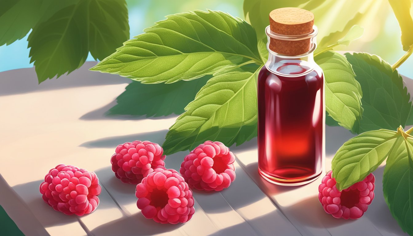 A bottle of red raspberry seed oil sits on a sunlit table, surrounded by vibrant red raspberries and green leaves. A gentle ray of sunlight illuminates the bottle, highlighting its natural and organic qualities