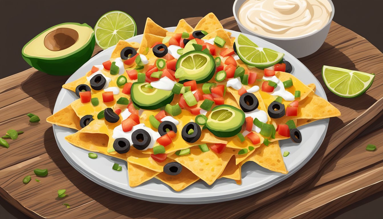 A plate of loaded nachos with melted cheese, jalapenos, pico de gallo, guacamole, and sour cream, served on a wooden board