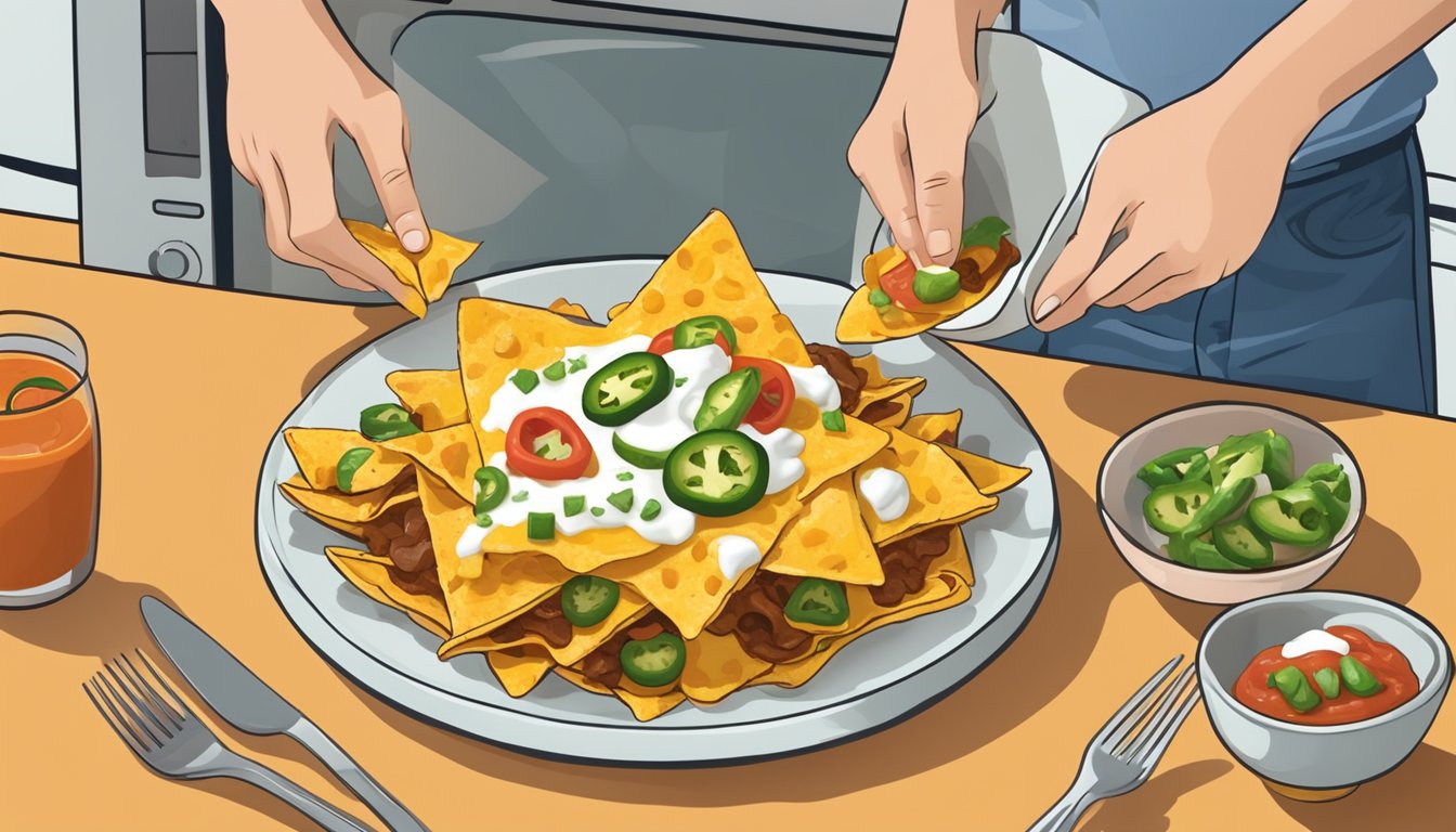 A plate of loaded Texas nachos being placed in a microwave for reheating. Sour cream, cheese, jalapenos, and salsa are visible on the nachos