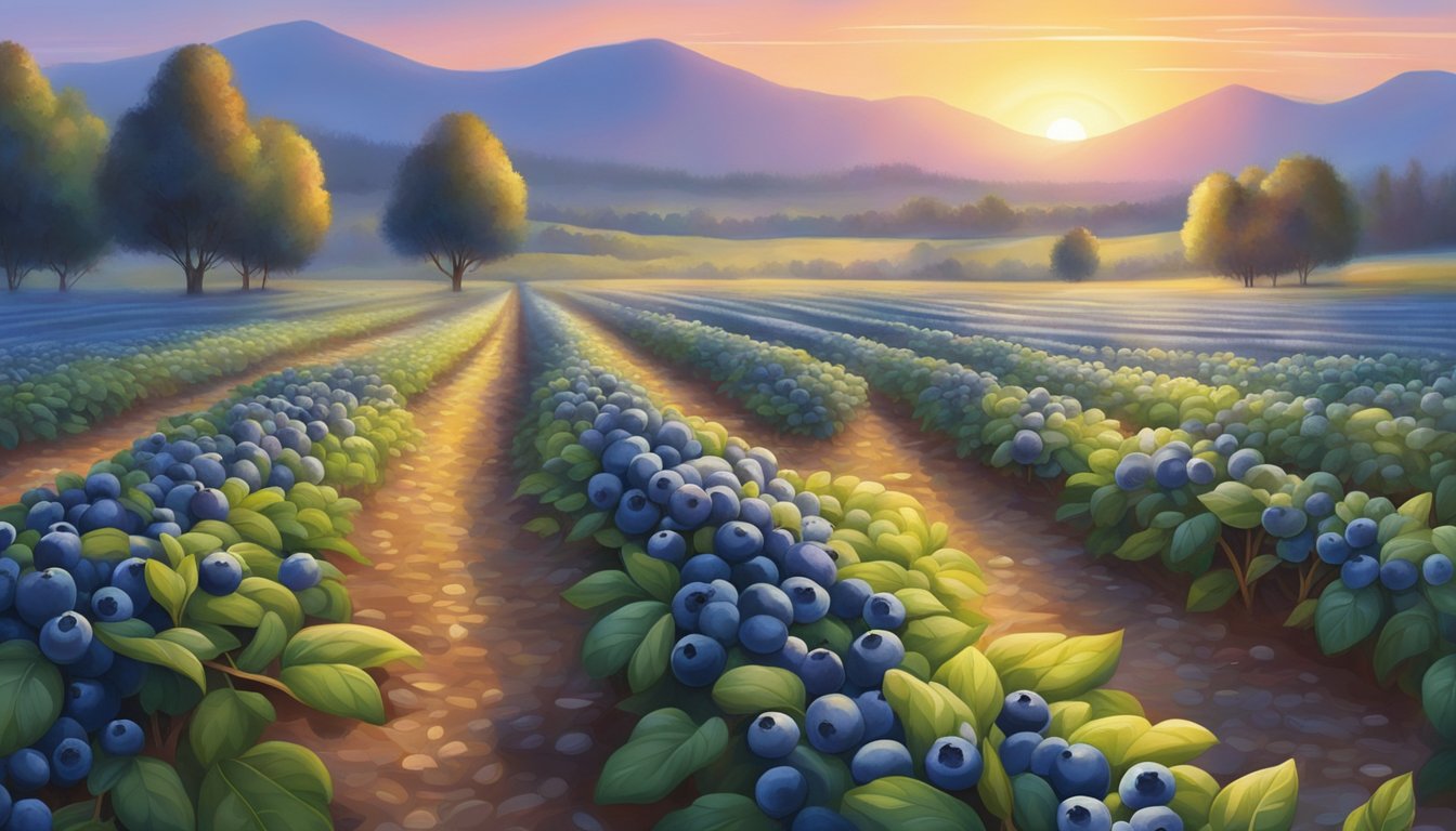 A vibrant blueberry field at sunrise, with ripe berries glistening in the morning dew and a cold-press machine extracting oil from the seeds