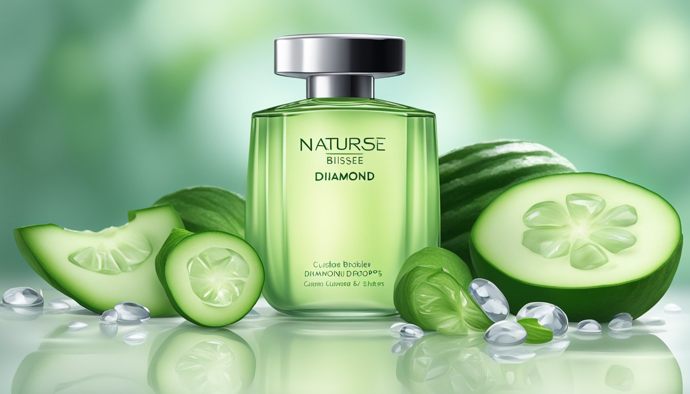 A serene spa-like setting with a pristine bottle of Natura Bissé Diamond Drops surrounded by freshly cut cucumber slices and cucumber seeds