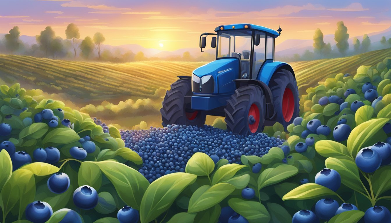 A lush blueberry field at sunrise, with ripe berries glistening in the morning dew. A cold press machine sits nearby, extracting oil from the freshly harvested seeds