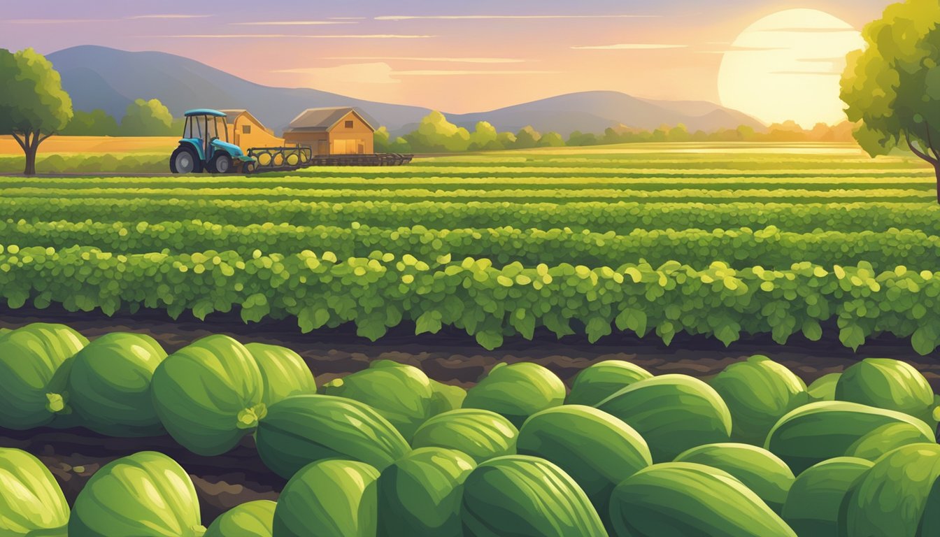 A serene cucumber farm at sunset, with rows of lush green vines and workers harvesting the ripe, plump cucumbers for cold-pressing