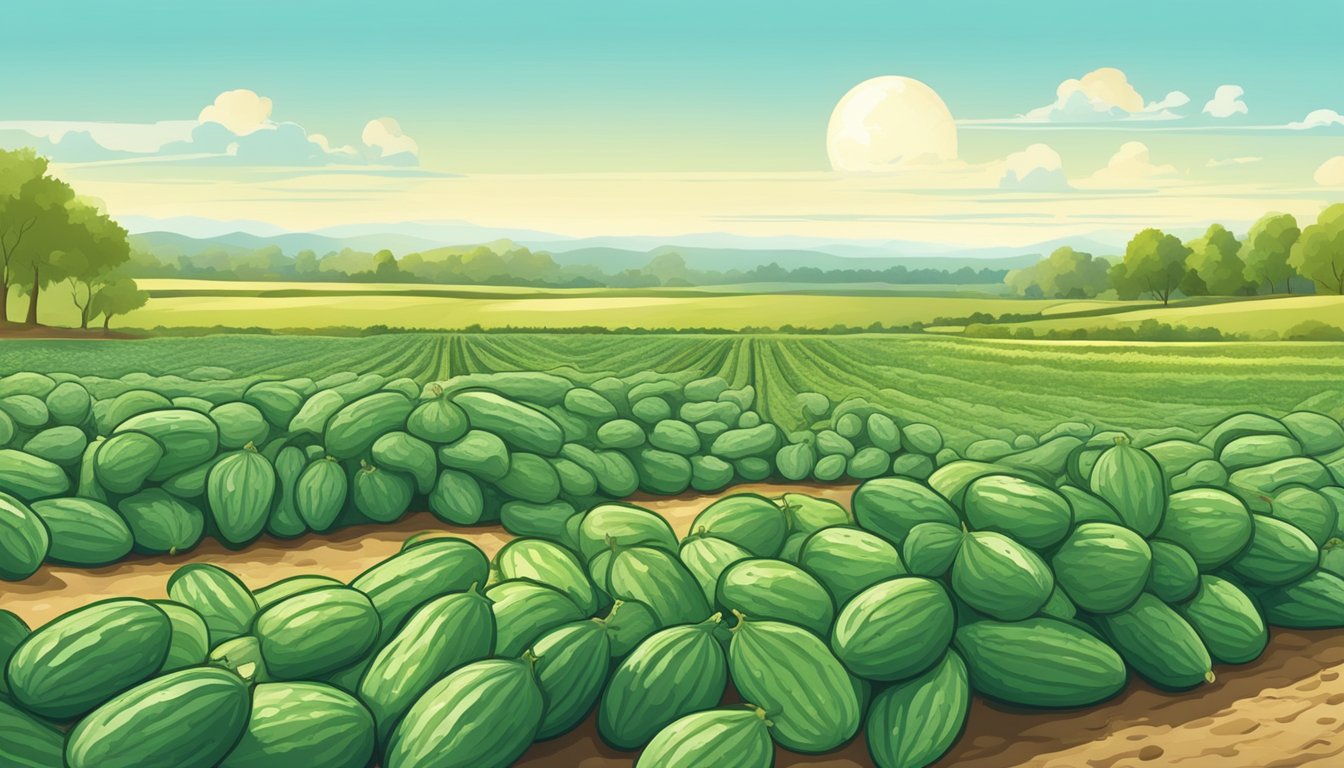 A serene cucumber field under a clear blue sky, with ripe cucumbers ready for harvest