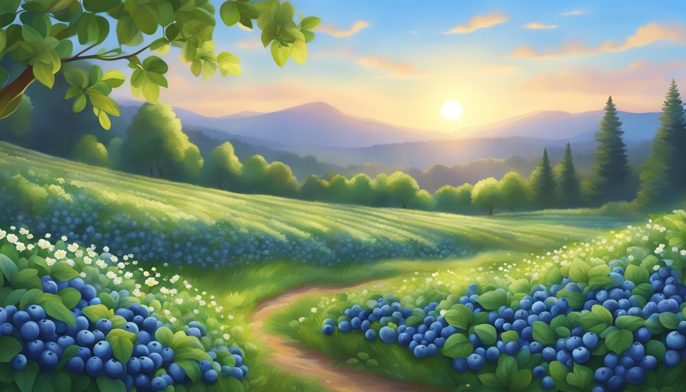 A serene blueberry field at sunrise, with ripe berries glistening in the morning light, surrounded by lush green foliage and delicate white flowers