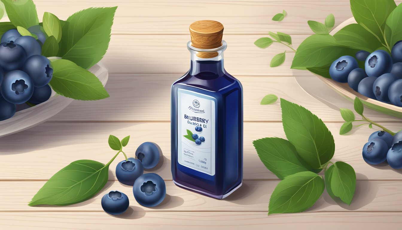 A glass bottle of Aundy Bio Blueberry Seed Oil surrounded by fresh blueberries and blueberry leaves on a wooden table