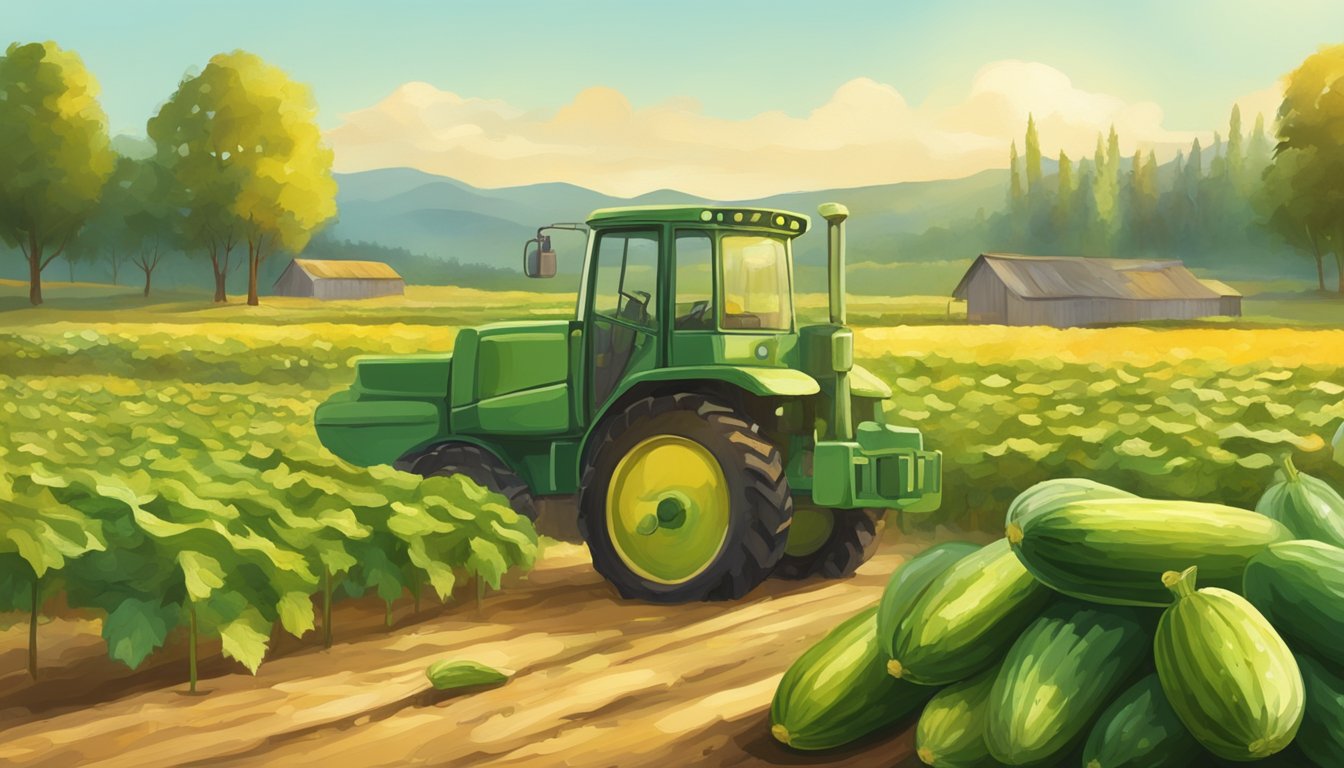 A serene cucumber field bathed in golden sunlight, with ripe cucumbers ready for harvest, and a rustic wooden press extracting pure oil