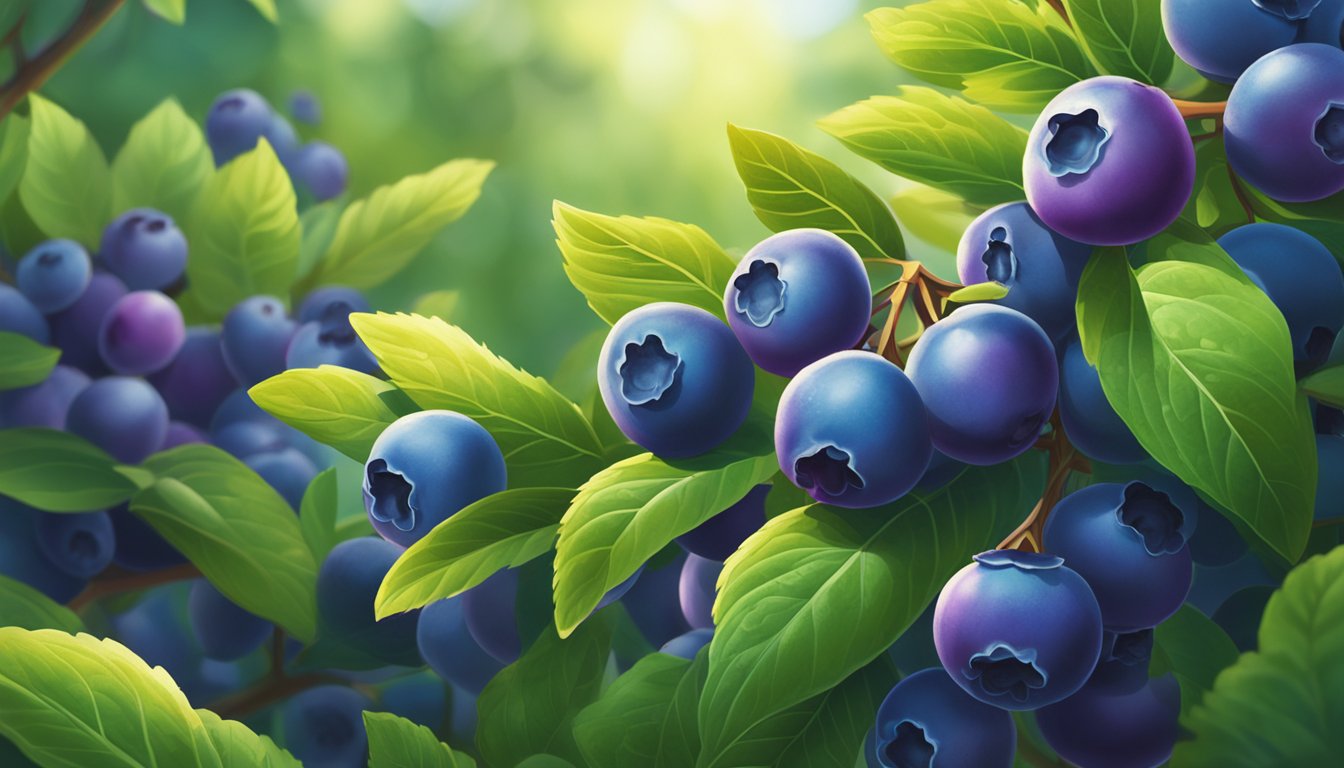 A field of ripe blueberry bushes, their vibrant purple fruit glistening in the sunlight, surrounded by lush green foliage