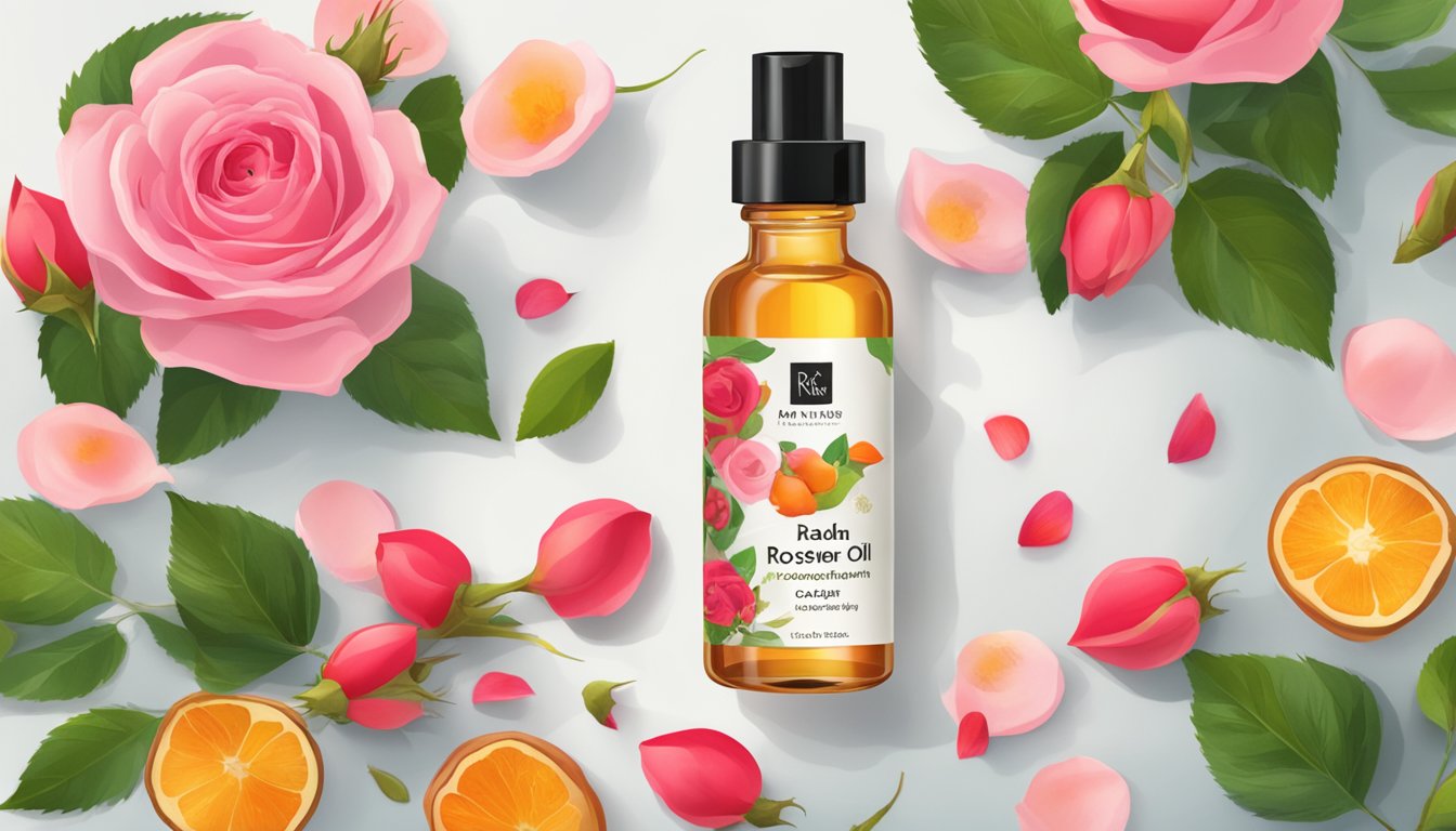 A clear glass bottle of Radha Beauty Cold Pressed Rosehip Oil sits on a wooden table, surrounded by fresh rosehip fruits and vibrant rose petals